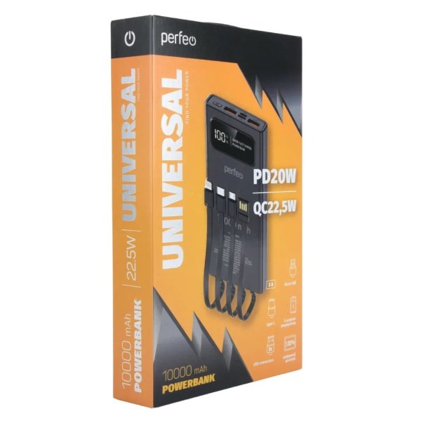 Perfeo Powerbank Universal 10000mah PD+QC3.0/In all/Out USB,Micro usb,Type-C,Lightnin,3А/22.5W/Black cJOQzny9inNewDrrCfbkO2 - фото 368791