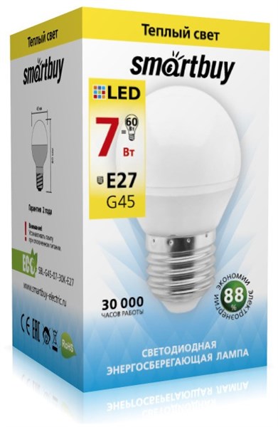 Лампа светодиодная Smartbuy G45 Е27 3000К 7 Вт SBL-G45-7-30K-E27 tQ7hG4jTic-3JWbR4-hBc0 - фото 369015