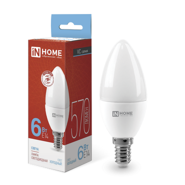 Лампа светодиодная LED-СВЕЧА-VC 6Вт 230В Е14 6500К 570Лм IN HOME m2WE835MjoyHeD8fJJMGL0 - фото 369268