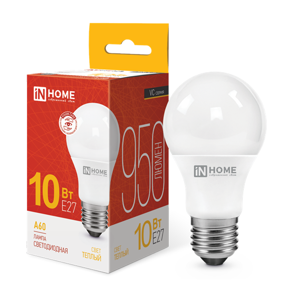 Лампа светодиодная LED-A60-VC 10Вт 230В Е27 3000К 950Лм IN HOME ISEFQV7Ji02Ff00RuYVP12 - фото 369344