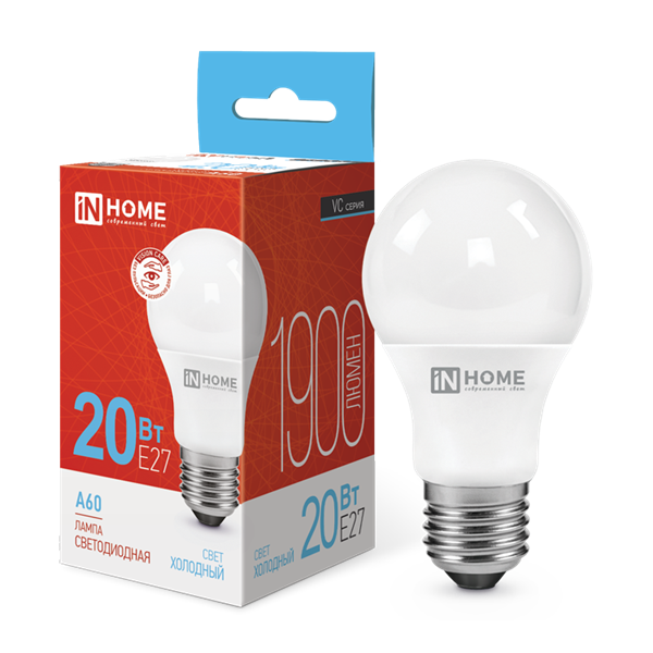Лампа светодиодная LED-A60-VC 20Вт 230В Е27 6500К 1900Лм IN HOME H6nwx211g1vjCgL4YTZwt0 - фото 369355