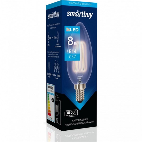 Лампа филамент светодиодная свеча прозрачная E27 8Вт 6000K 220В Smartbuy kXm5ZoXri7Vo5mVoA5yrB2 - фото 369521