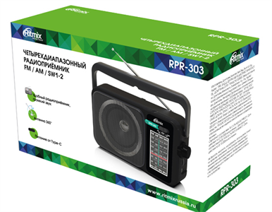 Радиоприемник RITMIX RPR-303, питание USB Type-C, антенна 360° черный UTd3tmdgijF9EEO834rYi2