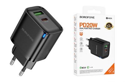 Блок питания сетевой USB, Type-C Borofone BA83A, Flare star, QC3.0, PD 20Вт, цвет: чёрный LsCRVWQHjFgo1jjJIoTlc2